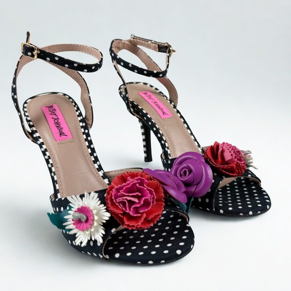 Betsey Johnson  Polka Dot Floral Heels Size 7 Strappy Sandals Fun Playful Pinup - Picture 3 of 7